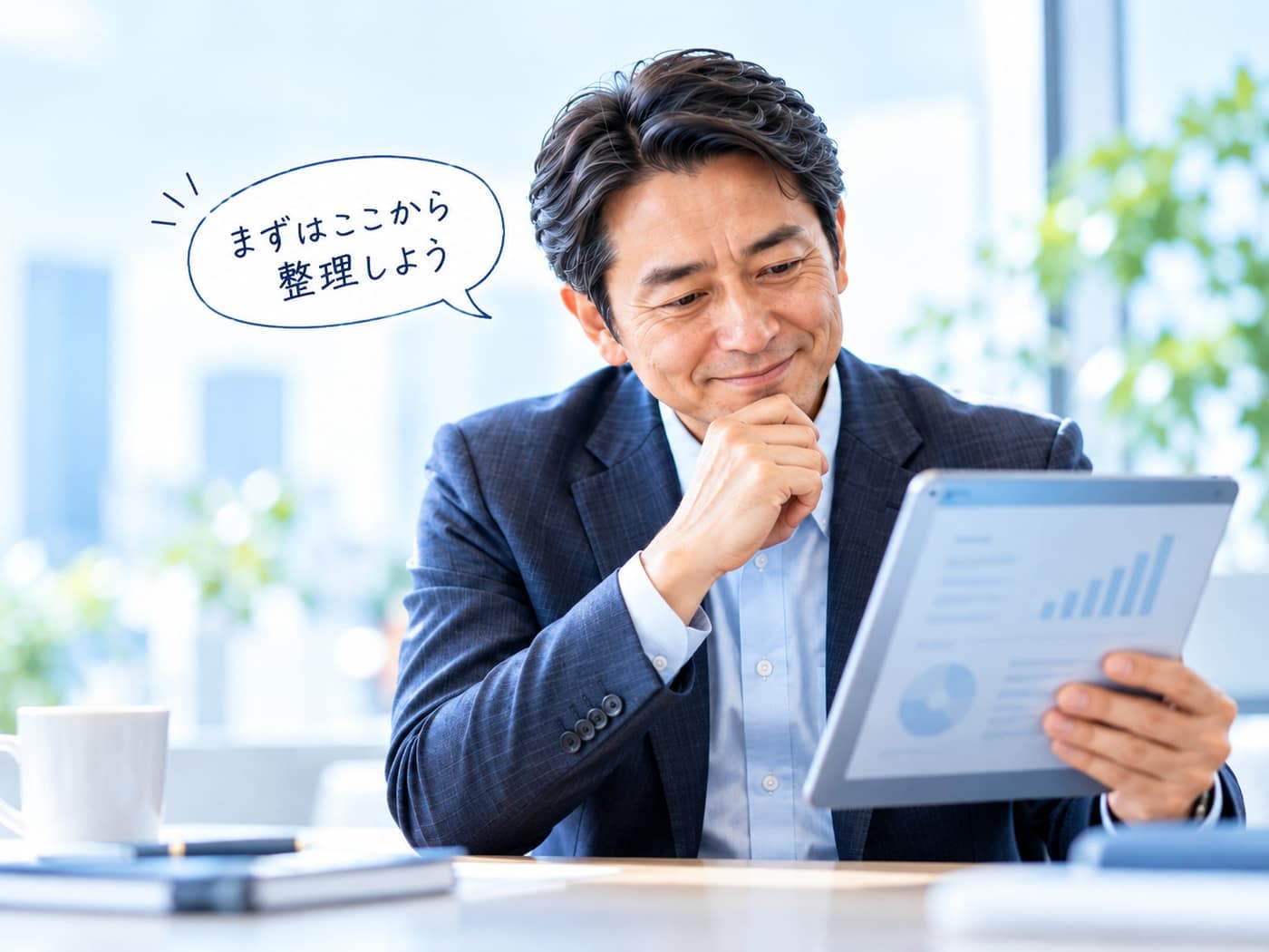 タブレットでAI活用設計図を確認する経営者